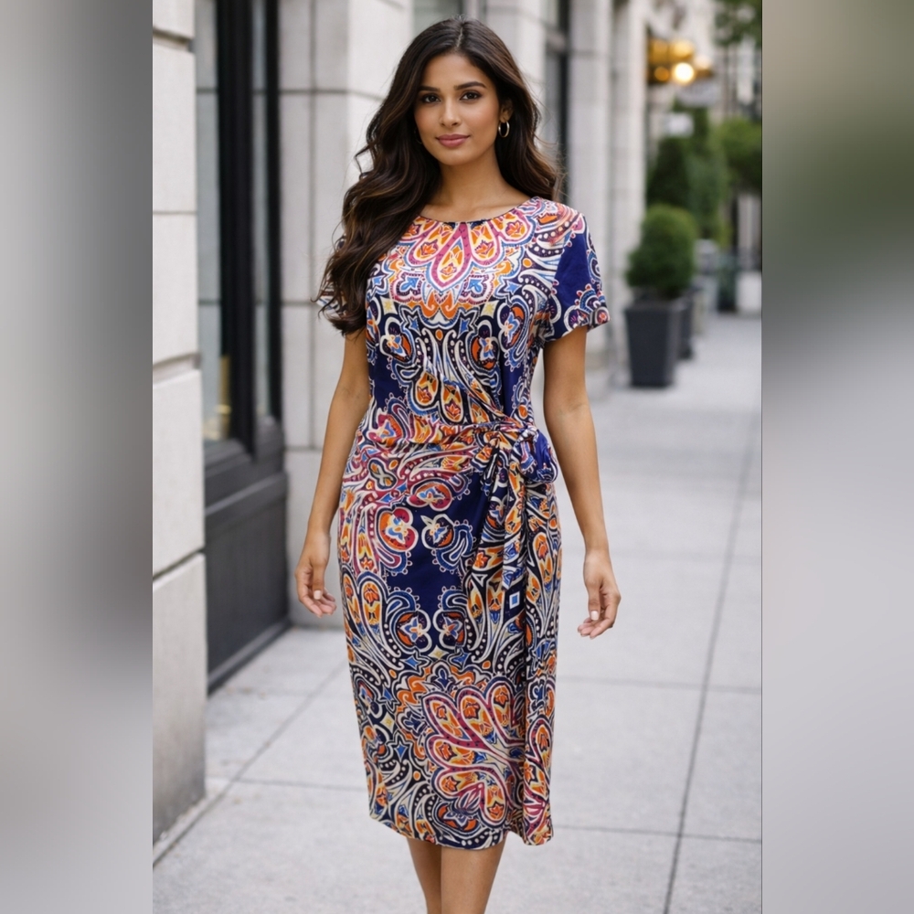 Shelby & Palmer Size 12 Vibrant Colorful Paisley Midi Sheath Dress